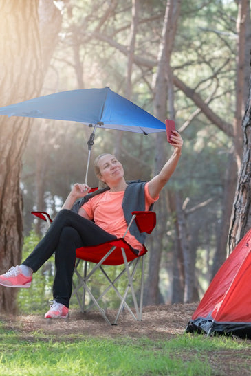 Foldable Beach Chair with Detachable Umbrella Armrest Adjustable Canopy Stool with Cup Holder Carry Bag for Camping Poolside Travel Picnic Lawn Chair