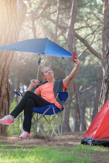 Foldable Beach Chair with Detachable Umbrella Armrest Adjustable Canopy Stool with Cup Holder Carry Bag for Camping Poolside Travel Picnic Lawn Chair