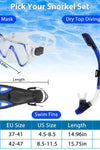 Snorkeling Gear Mask Fin Snorkel Set with Diving Mask Dry Top Snorkel Adjustable Swim Fins for Swimming Snorkeling Travel Diving